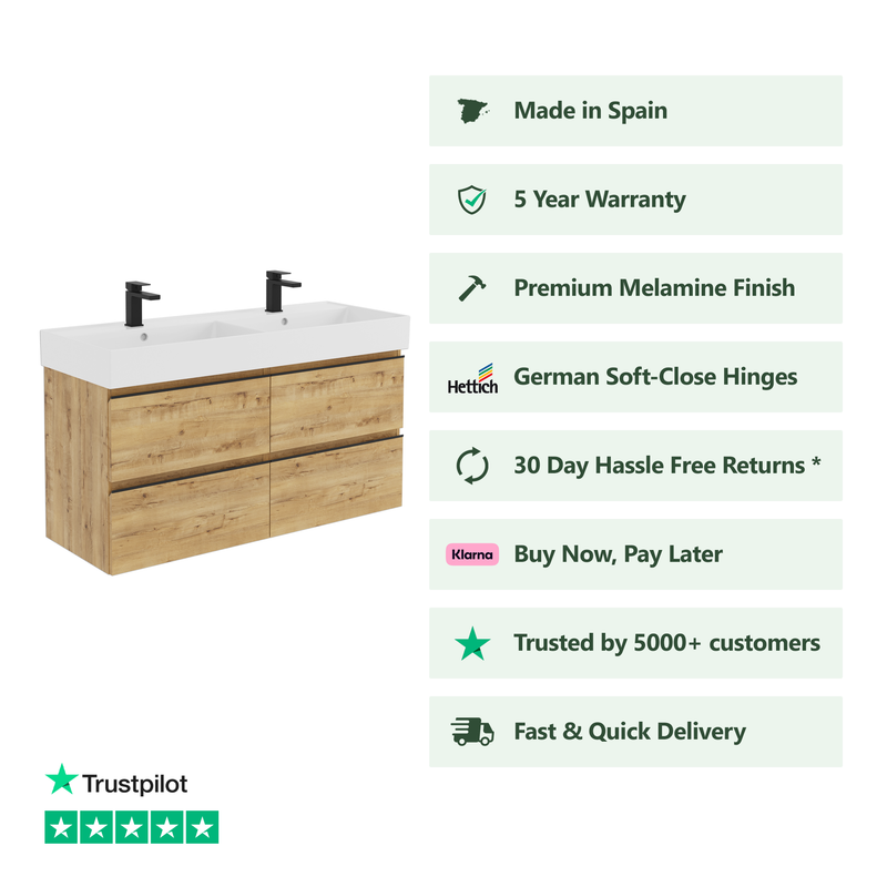 Banyetti Vatilla Wall Hung Vanity Unit with Veneto 2 Tap Hole Basin - 1200mm Ostippo Oak