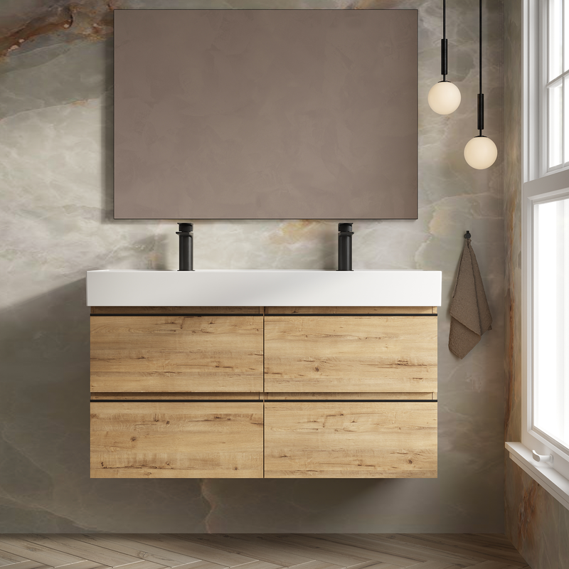 Banyetti Vatilla Wall Hung Vanity Unit with Veneto 2 Tap Hole Basin - 1200mm Ostippo Oak