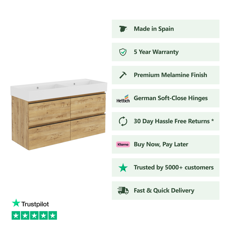 Banyetti Vatilla Wall Hung Vanity Unit with Veneto No Tap Hole Basin - 1200mm Ostippo Oak