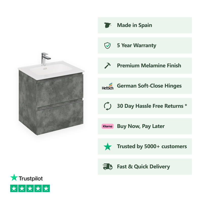Banyetti Vatilla Wall Hung Vanity Unit with Athena Basin - 600mm Cemento Grey