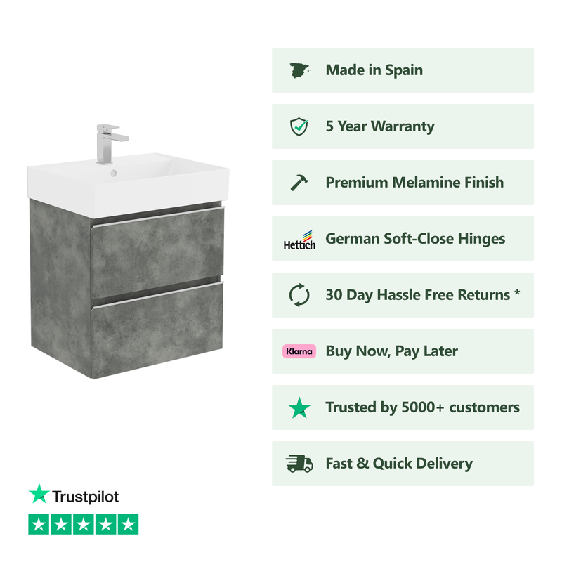 Banyetti Vatilla Wall Hung Vanity Unit with Veneto 1 Tap Hole Basin - 600mm Cemento Grey