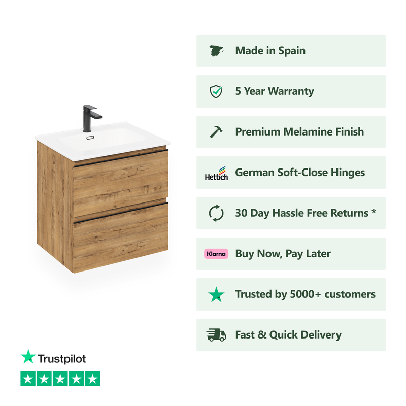 Banyetti Vatilla Wall Hung Vanity Unit with Athena Basin - 600mm Ostippo Oak