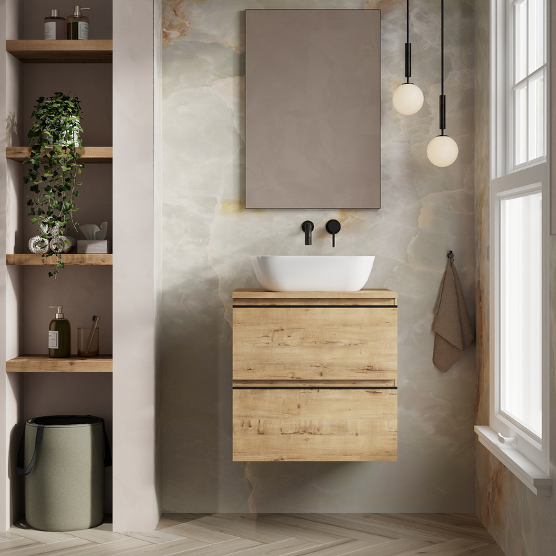 Banyetti Vatilla Wall Hung Vanity Unit with Matching Worktop - 600mm Ostippo Oak