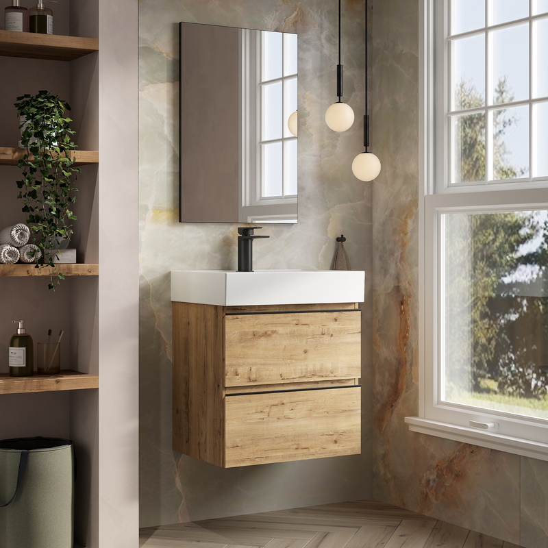 Banyetti Vatilla Wall Hung Vanity Unit with Veneto 1 Tap Hole Basin - 600mm Ostippo Oak