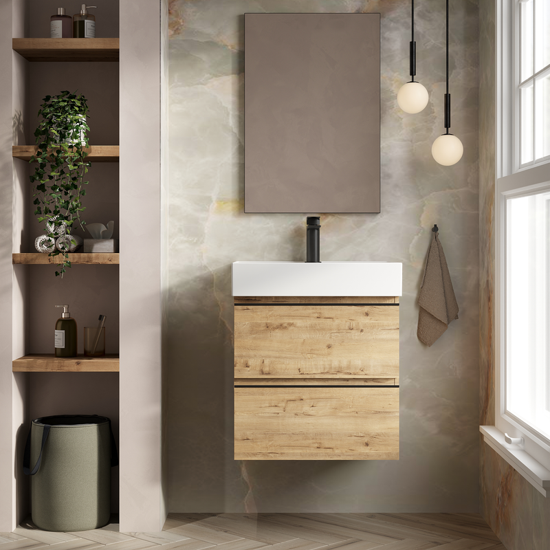 Banyetti Vatilla Wall Hung Vanity Unit with Veneto 1 Tap Hole Basin - 600mm Ostippo Oak