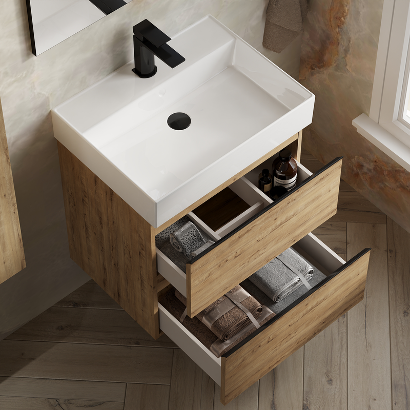 Banyetti Vatilla Wall Hung Vanity Unit with Veneto 1 Tap Hole Basin - 600mm Ostippo Oak