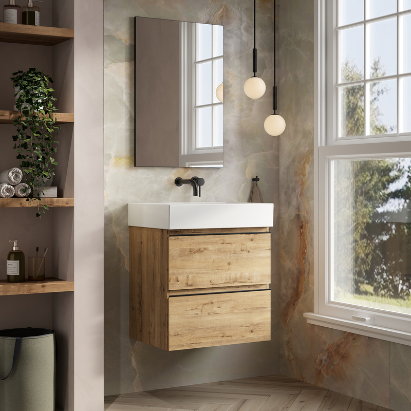 Banyetti Vatilla Wall Hung Vanity Unit with Veneto No Tap Hole Basin - 600mm Ostippo Oak
