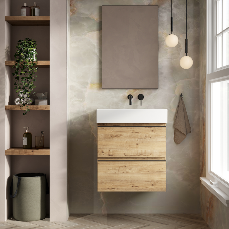 Banyetti Vatilla Wall Hung Vanity Unit with Veneto No Tap Hole Basin - 600mm Ostippo Oak