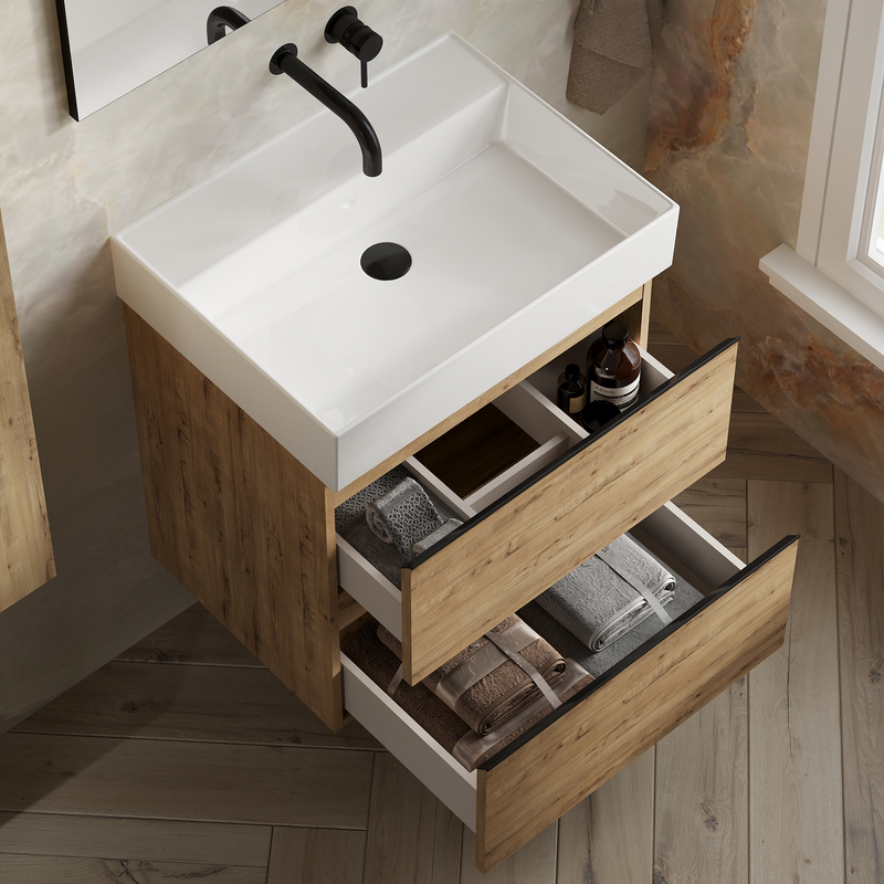 Banyetti Vatilla Wall Hung Vanity Unit with Veneto No Tap Hole Basin - 600mm Ostippo Oak
