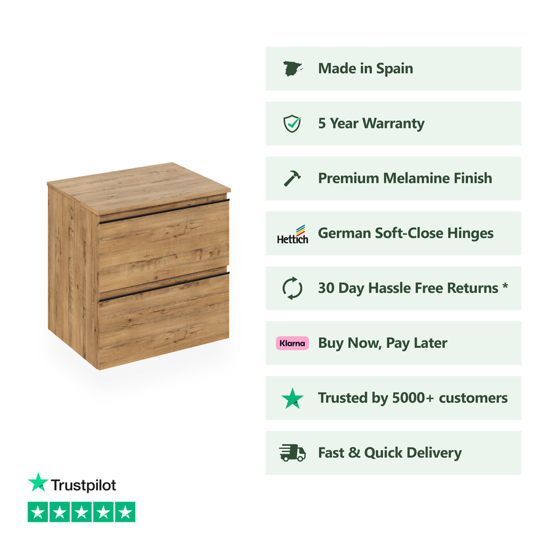 Banyetti Vatilla Wall Hung Vanity Unit with Matching Worktop - 700mm Ostippo Oak