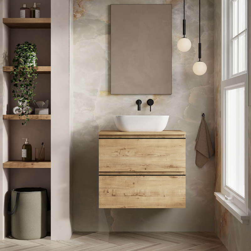 Banyetti Vatilla Wall Hung Vanity Unit with Matching Worktop - 700mm Ostippo Oak