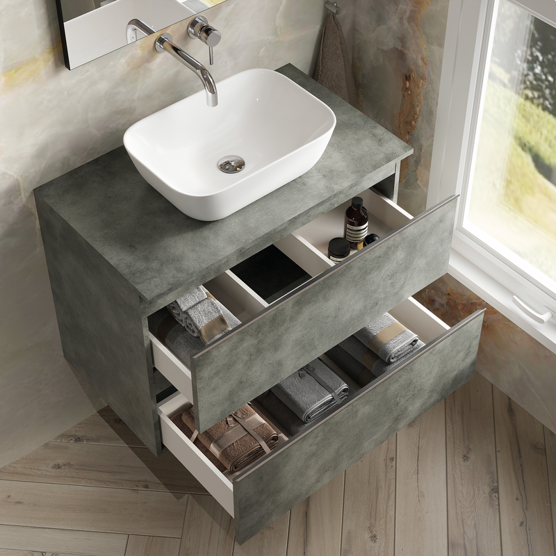 Banyetti Vatilla Wall Hung Vanity Unit with Matching Worktop - 800mm Cemento Grey