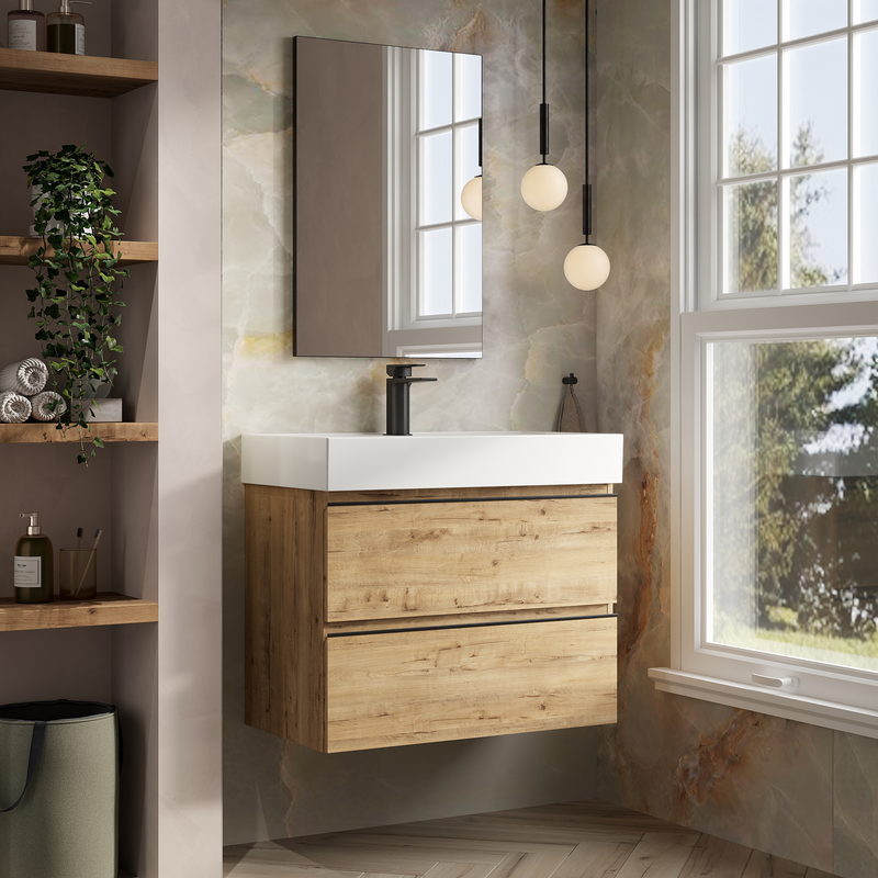Banyetti Vatilla Wall Hung Vanity Unit with Veneto 1 Tap Hole Basin - 800mm Ostippo Oak