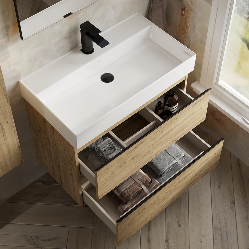 Banyetti Vatilla Wall Hung Vanity Unit with Veneto 1 Tap Hole Basin - 800mm Ostippo Oak