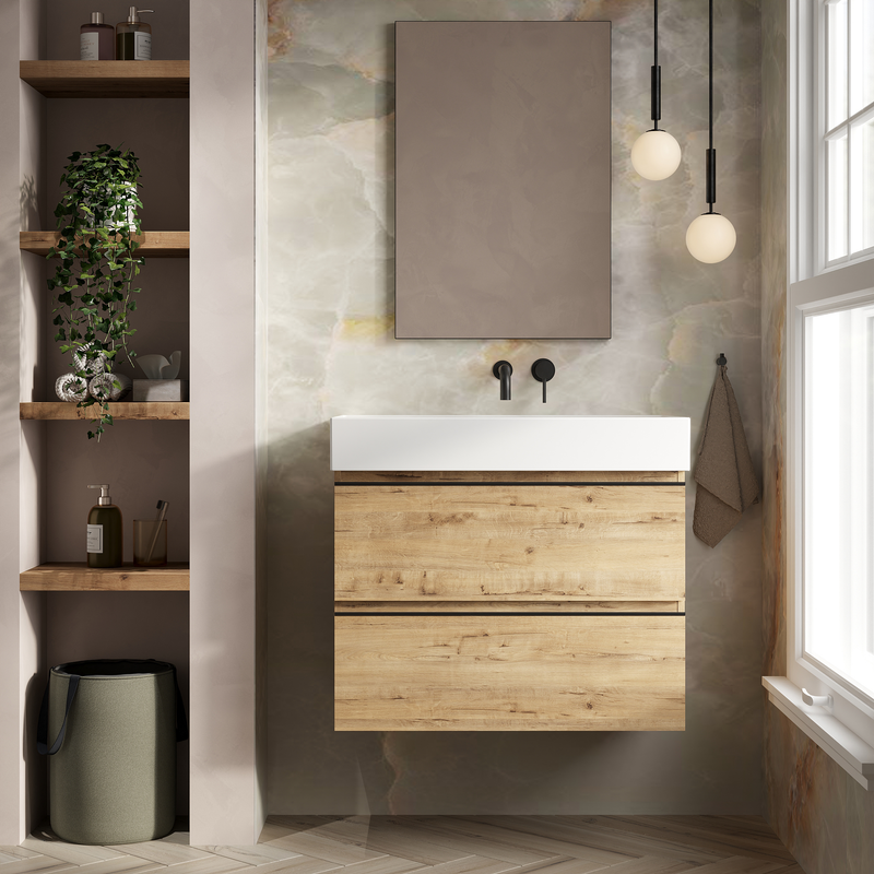 Banyetti Vatilla Wall Hung Vanity Unit with Veneto No Tap Hole Basin - 800mm Ostippo Oak