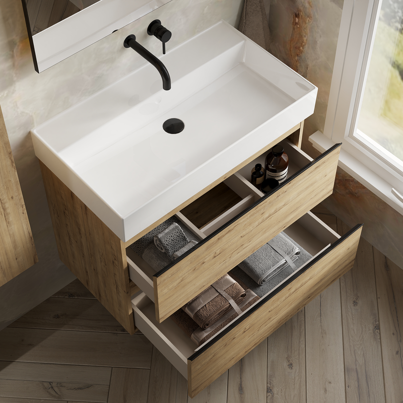 Banyetti Vatilla Wall Hung Vanity Unit with Veneto No Tap Hole Basin - 800mm Ostippo Oak