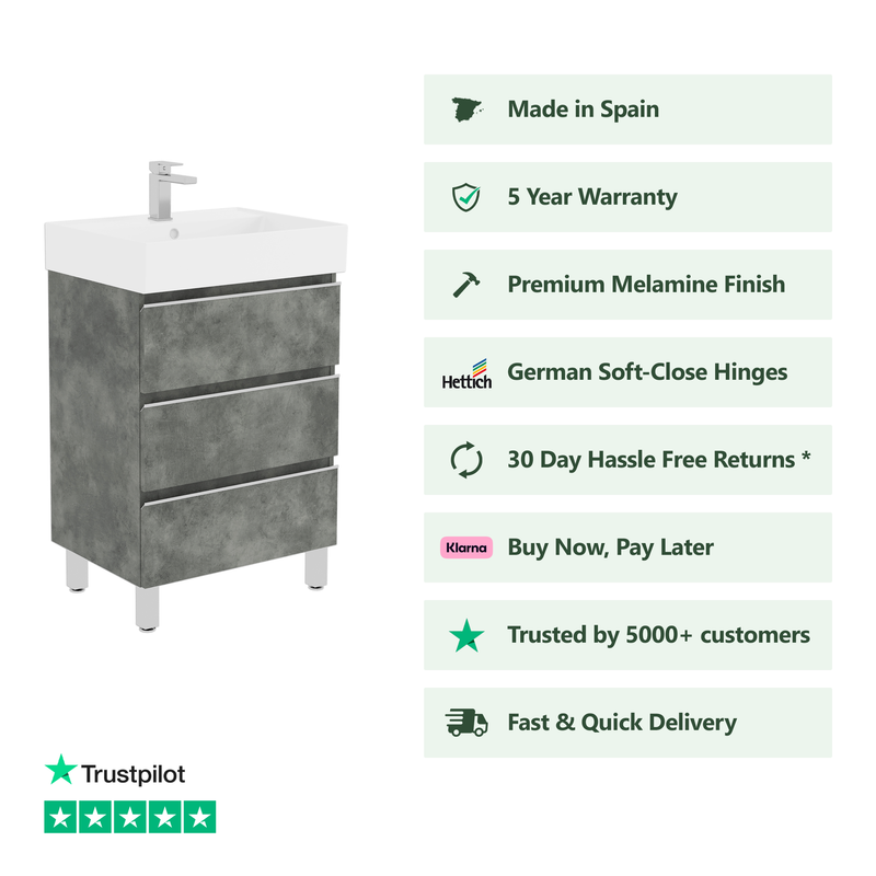 Banyetti Vatilla Floorstanding Vanity Unit with Veneto 1 Tap Hole Basin - 1000mm Cemento Grey