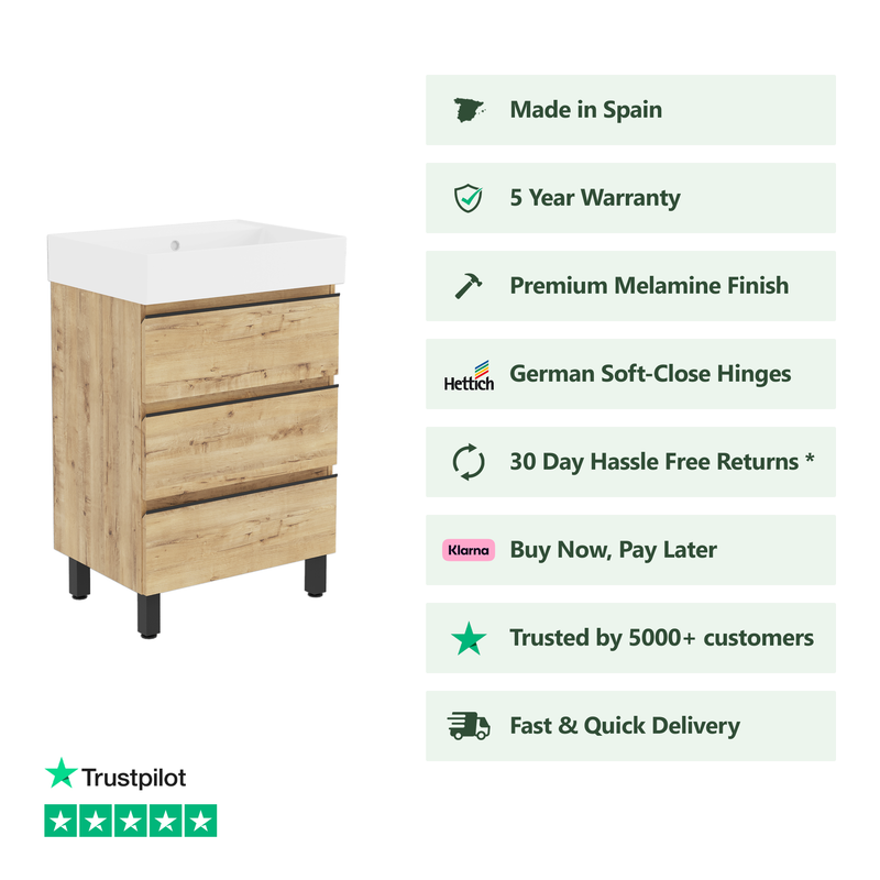 Banyetti Vatilla Floorstanding Vanity Unit with Veneto No Tap Hole Basin - 1000mm Ostippo Oak