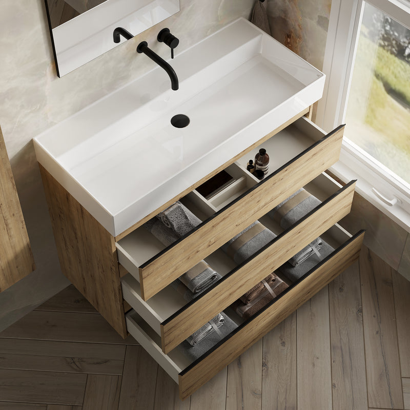 Banyetti Vatilla Floorstanding Vanity Unit with Veneto No Tap Hole Basin - 1000mm Ostippo Oak