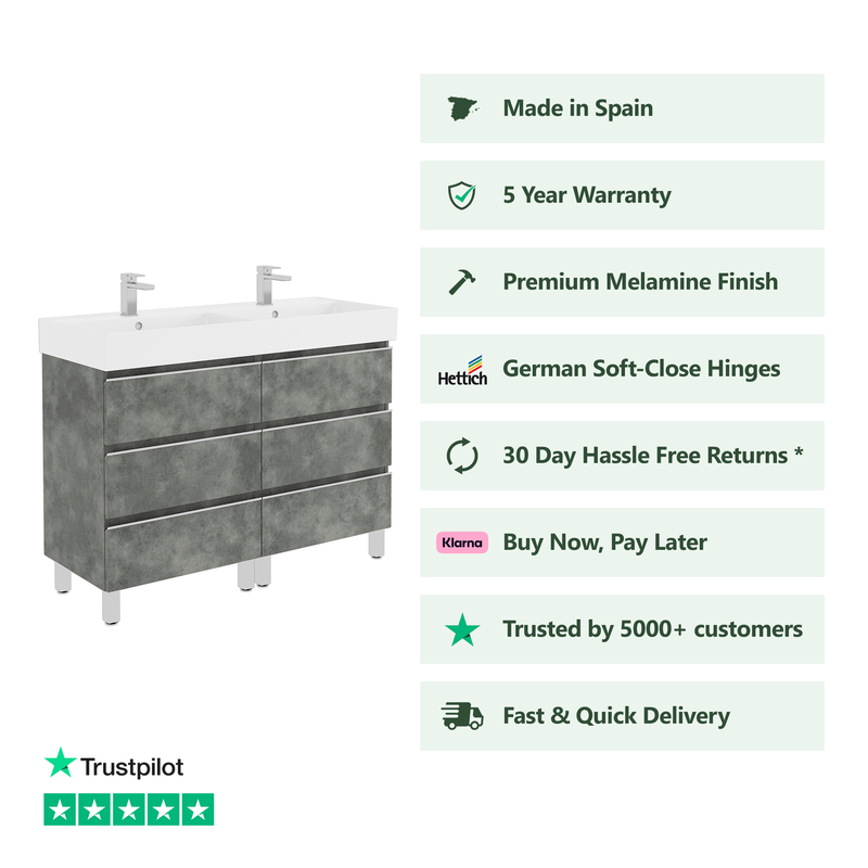 Banyetti Vatilla Floorstanding Vanity Unit with Veneto 2 Tap Hole Basin - 1200mm Cemento Grey