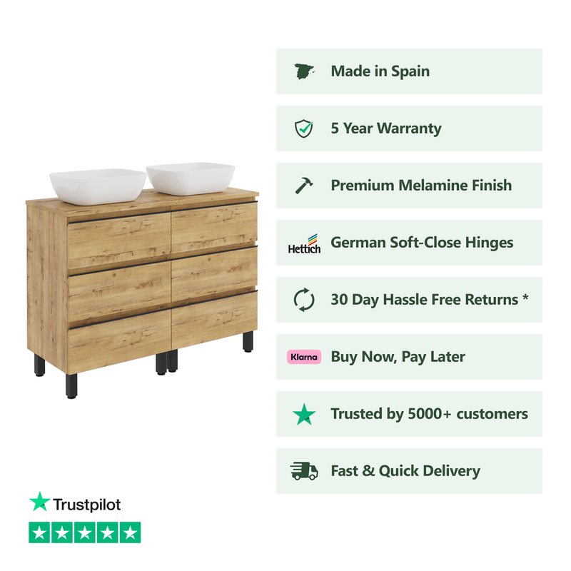 Banyetti Vatilla Floorstanding Vanity Unit with Matching Worktop - 1200mm Ostippo Oak