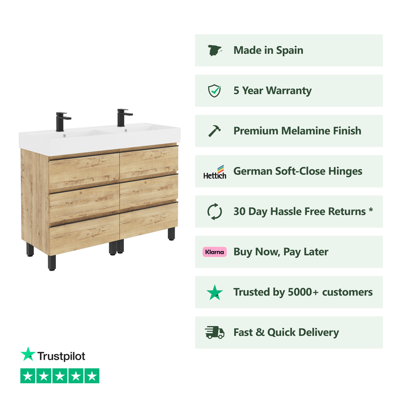 Banyetti Vatilla Floorstanding Vanity Unit with Veneto 2 Tap Hole Basin - 1200mm Ostippo Oak
