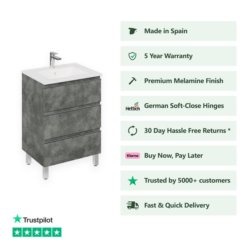 Banyetti Vatilla Floorstanding Vanity Unit with Lira Basin - 600mm Cemento Grey