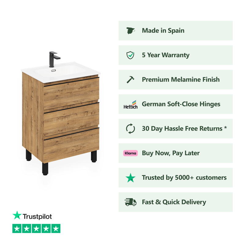 Banyetti Vatilla Floorstanding Vanity Unit with Athena Basin - 600mm Ostippo Oak