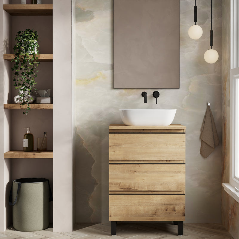 Banyetti Vatilla Floorstanding Vanity Unit with Matching Worktop - 600mm Ostippo Oak