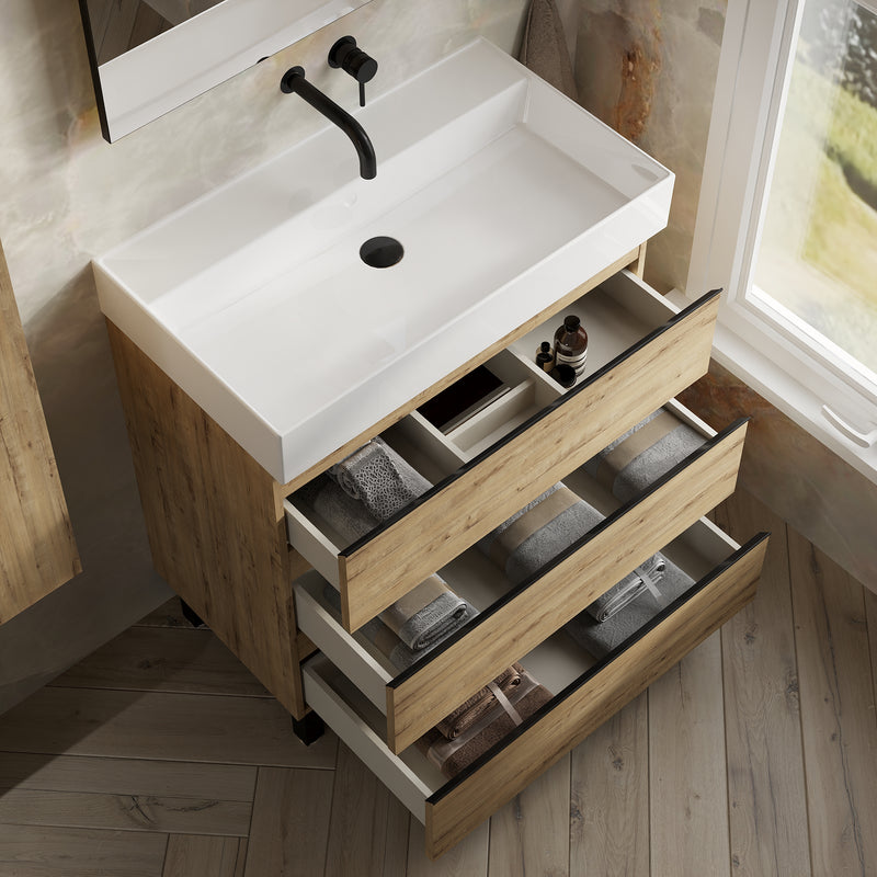 Banyetti Vatilla Floorstanding Vanity Unit with Veneto No Tap Hole Basin - 800mm Ostippo Oak