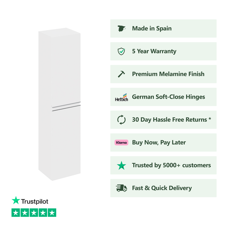 Banyetti Vatilla 1500mm Wall Hung Tall Cabinet with Chrome Handles - Gloss White