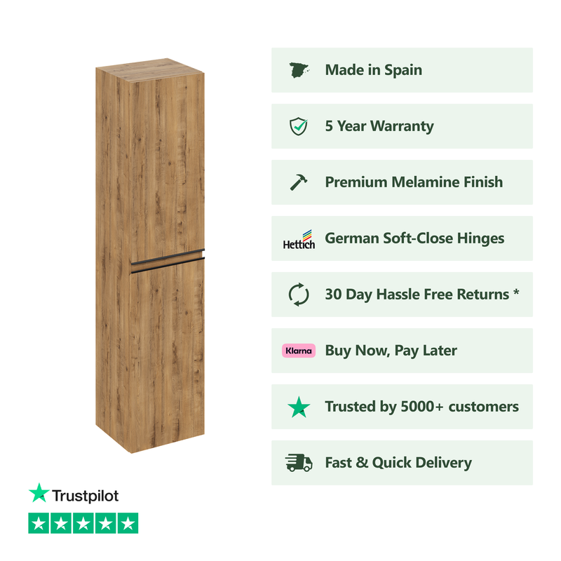 Banyetti Vatilla 1500mm Wall Hung Tall Cabinet with Matt Black Handles - Ostippo Oak