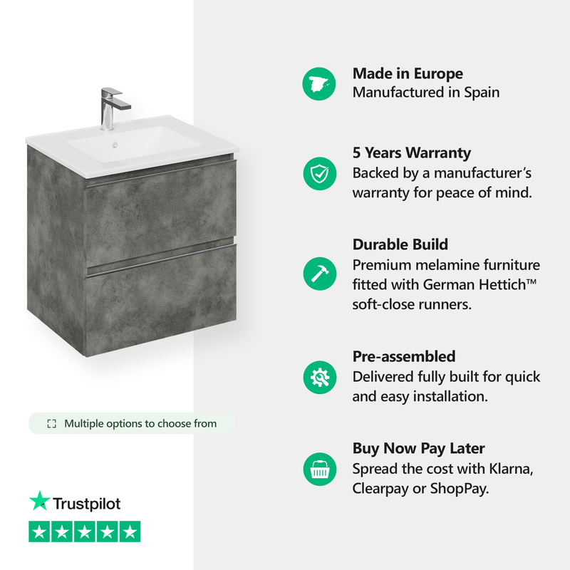 Banyetti Vatilla Cemento Wall Hung Vanity Unit with Chrome Handles - Select Size