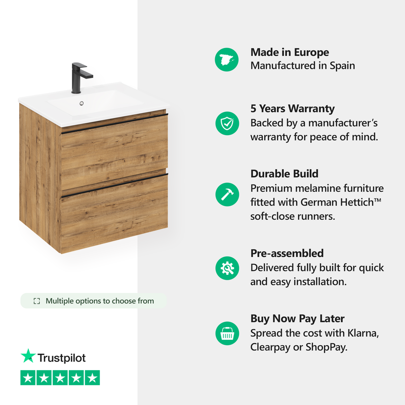 Banyetti Vatilla Ostippo Oak Wall Hung Vanity Unit with Matt Black Handles - Select Size