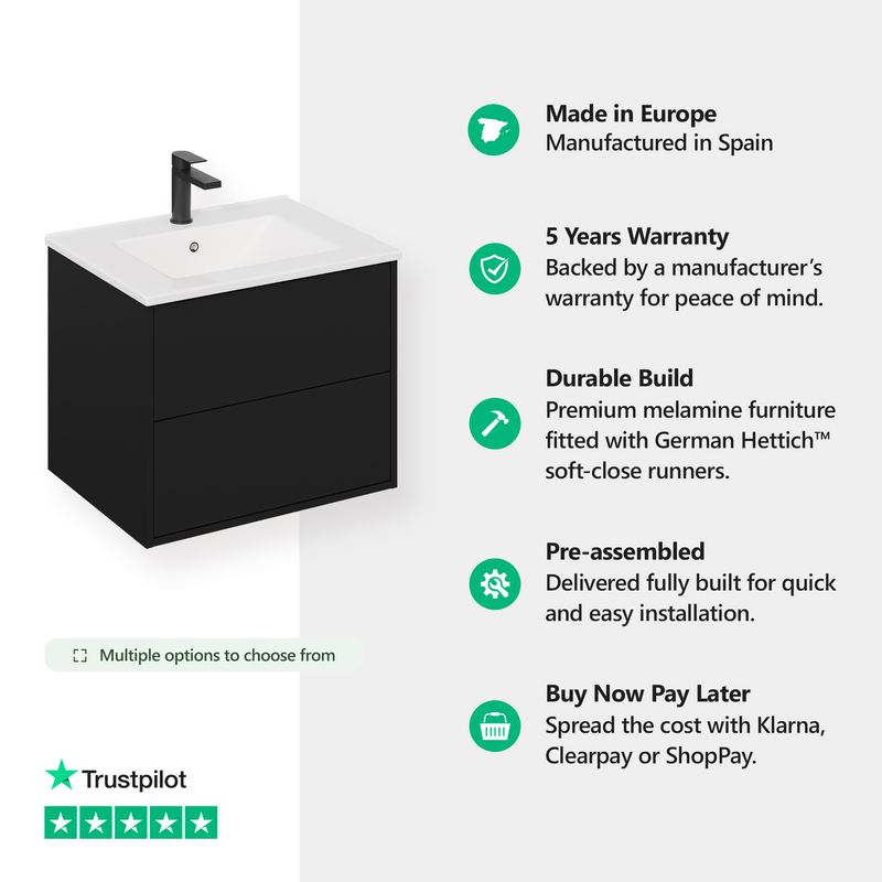 Banyetti Venti Matt Black Wall Hung Vanity Unit - Select Size