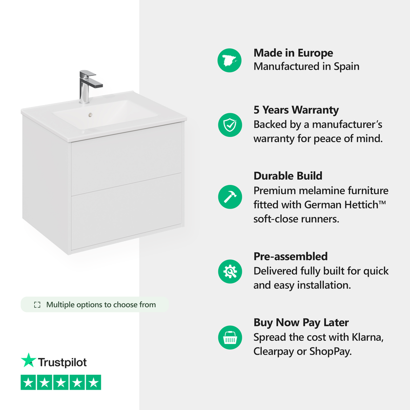 Banyetti Venti Matt White Wall Hung Vanity Unit - Select Size