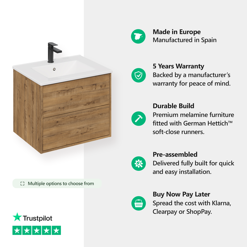 Banyetti Venti Ostippo Oak Wall Hung Vanity Unit - Select Size