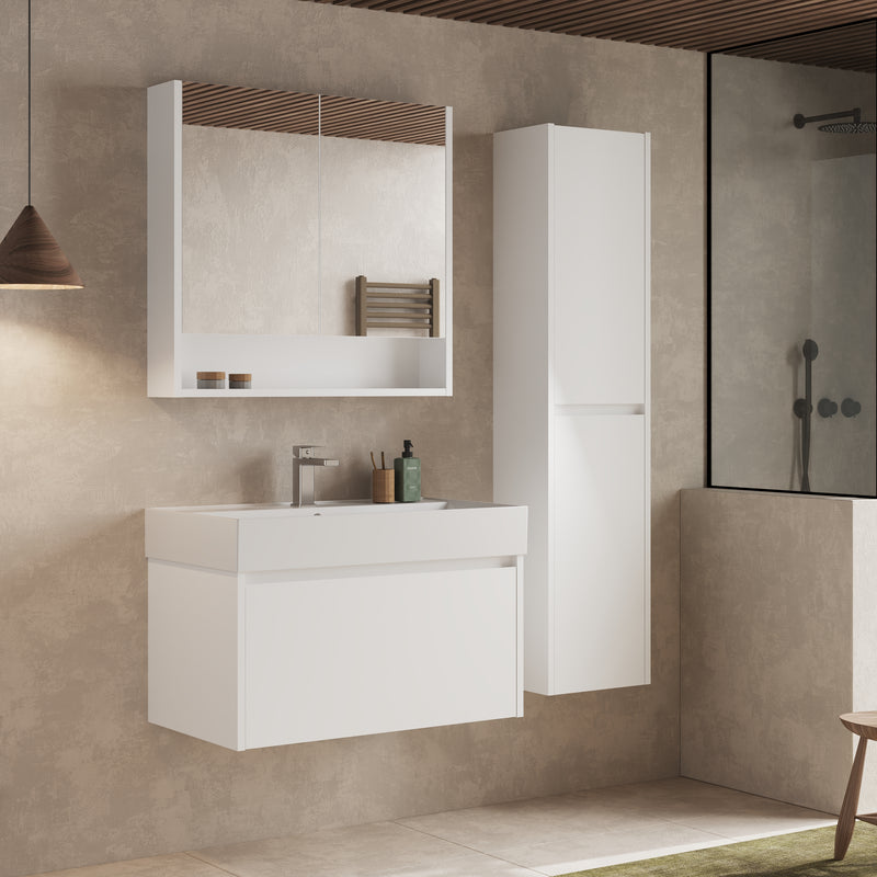 Banyetti Venti 900mm matt white wall cabinet paired with matching Banyetti bathroom furniture in a contemporary setting