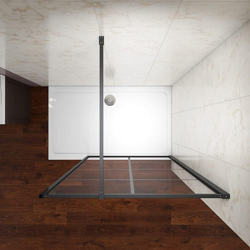 Black grid walk-in shower panel with 8mm tempered safety glass and 900mm support bar