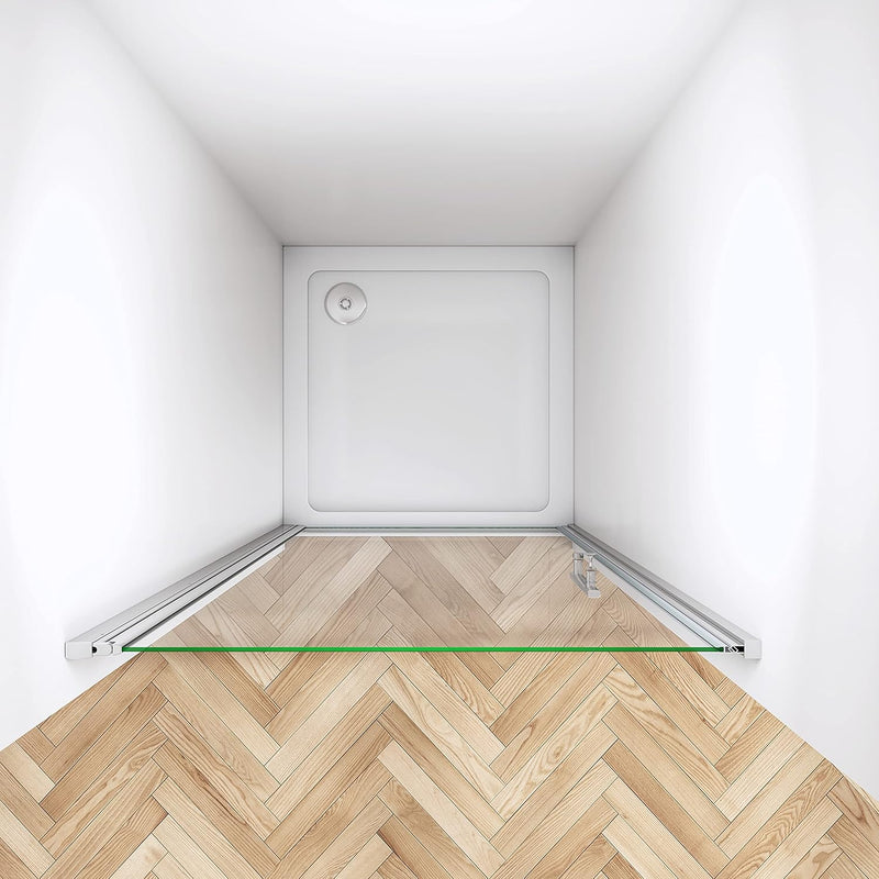 Frameless pivot shower door opened to show wide entry access