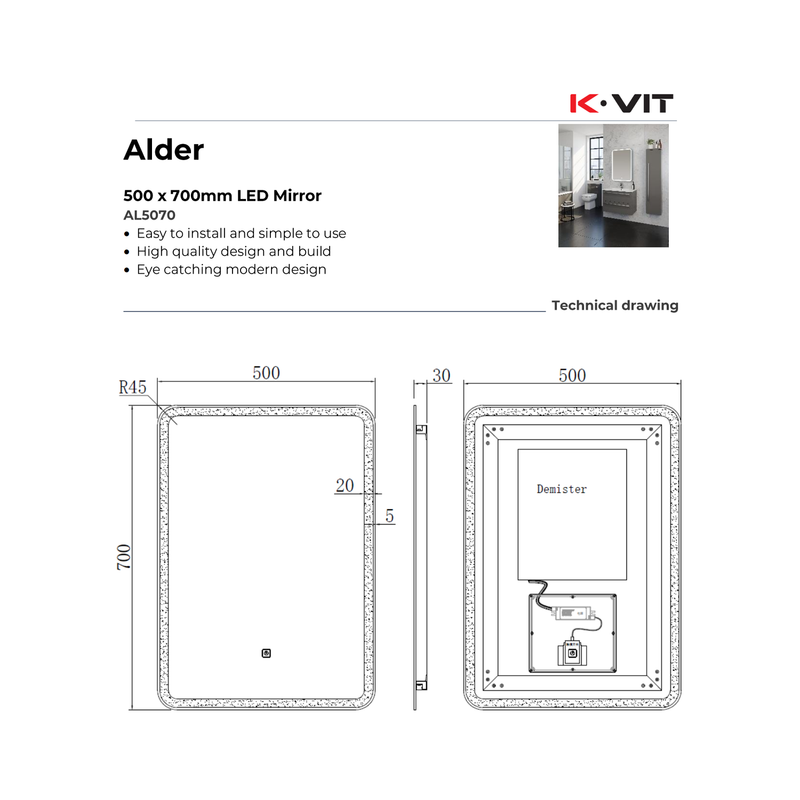 KV Alder Rectangular LED Mirror – 3 Tone Light, Demister, Sensor Switch - Various Sizes