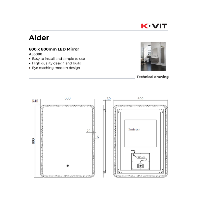 KV Alder Rectangular LED Mirror – 3 Tone Light, Demister, Sensor Switch - Various Sizes