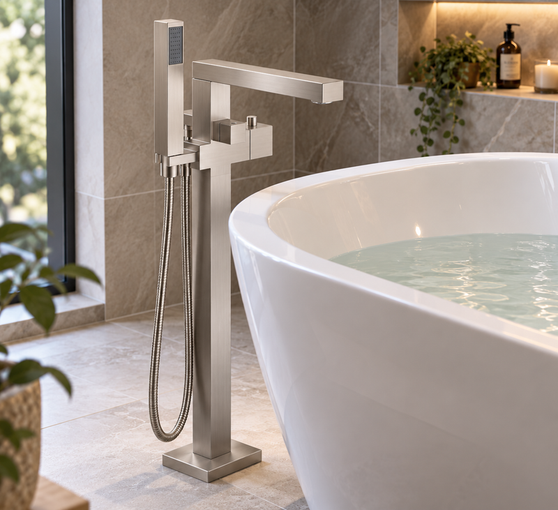 KVIT Kolt Freestanding Bath Shower Mixer Brushed Nickel
