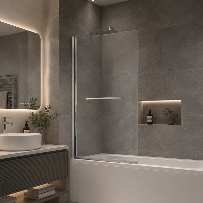 ATC 800 x 1400 Square Straight Bath Screen with Towel Rail - Chrome