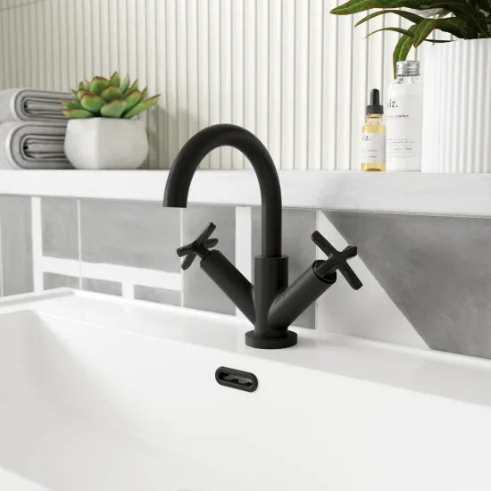 Mono basin mixer tap inc waste matt black – full‑view of NOVA Aztec mixer tap and matching waste in matt black finish