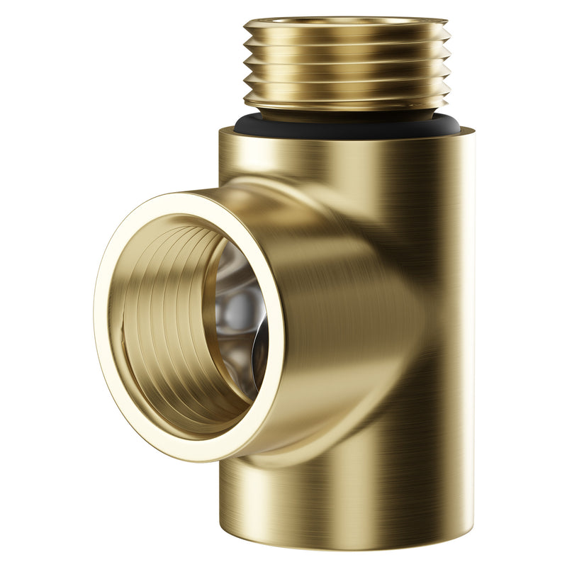 Dual fuel heating kit brushed brass – full kit laid out with heating element, straight valves and T‑piece adaptor in brushed brass finish