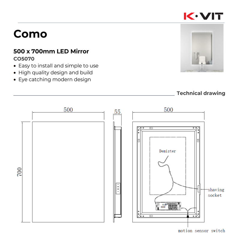 KV Como 700 x 500 Backlit LED Mirror with Sensor Switch, Demister & Charging Socket