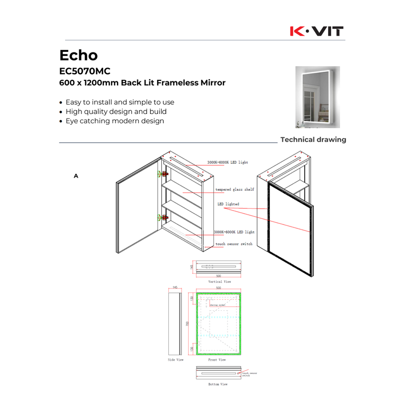 KV Echo 700 x 500mm LED Mirror Cabinet – 3 Tone Light, Demister, Touch Switch & Charging Socket