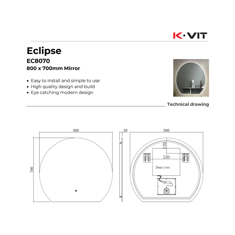 KV Eclipse 800 x 700 Curved LED Mirror – 3 Tone Light, Demister, Sensor Switch