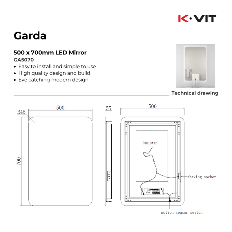 KV Garda 700mm x 500mm Rectangular LED Mirror – 3 Tone Light, Demister, Sensor Switch